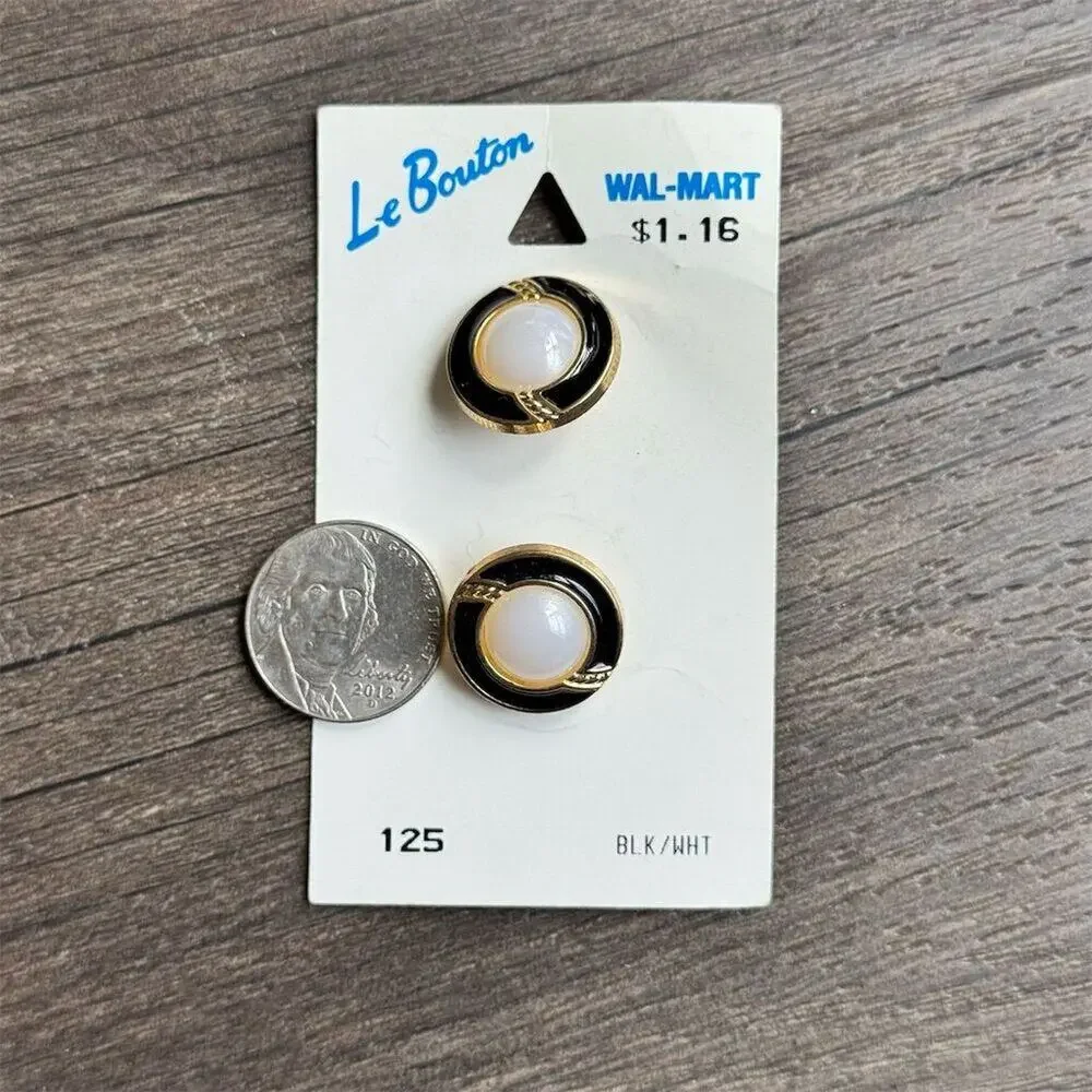 NEW on card Vintage 60s Le Bouton Black White Gold Round Buttons 3/4